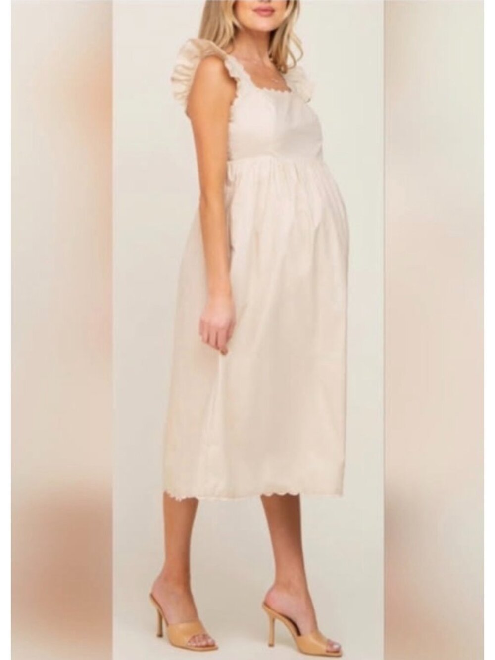 Listicle Beige Scalloped Ruffle Sleeve Cotton Maternity Midi Dress Size M